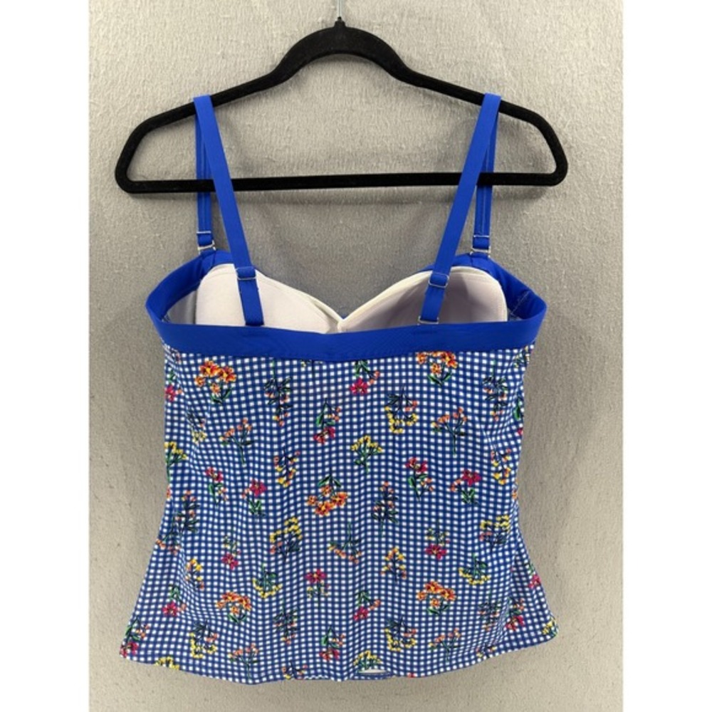 Lands End Tankini Top Womens 12 Bandeau Swimsuit Gingham Botanical Check UPF 50 - Picture 3 of 11